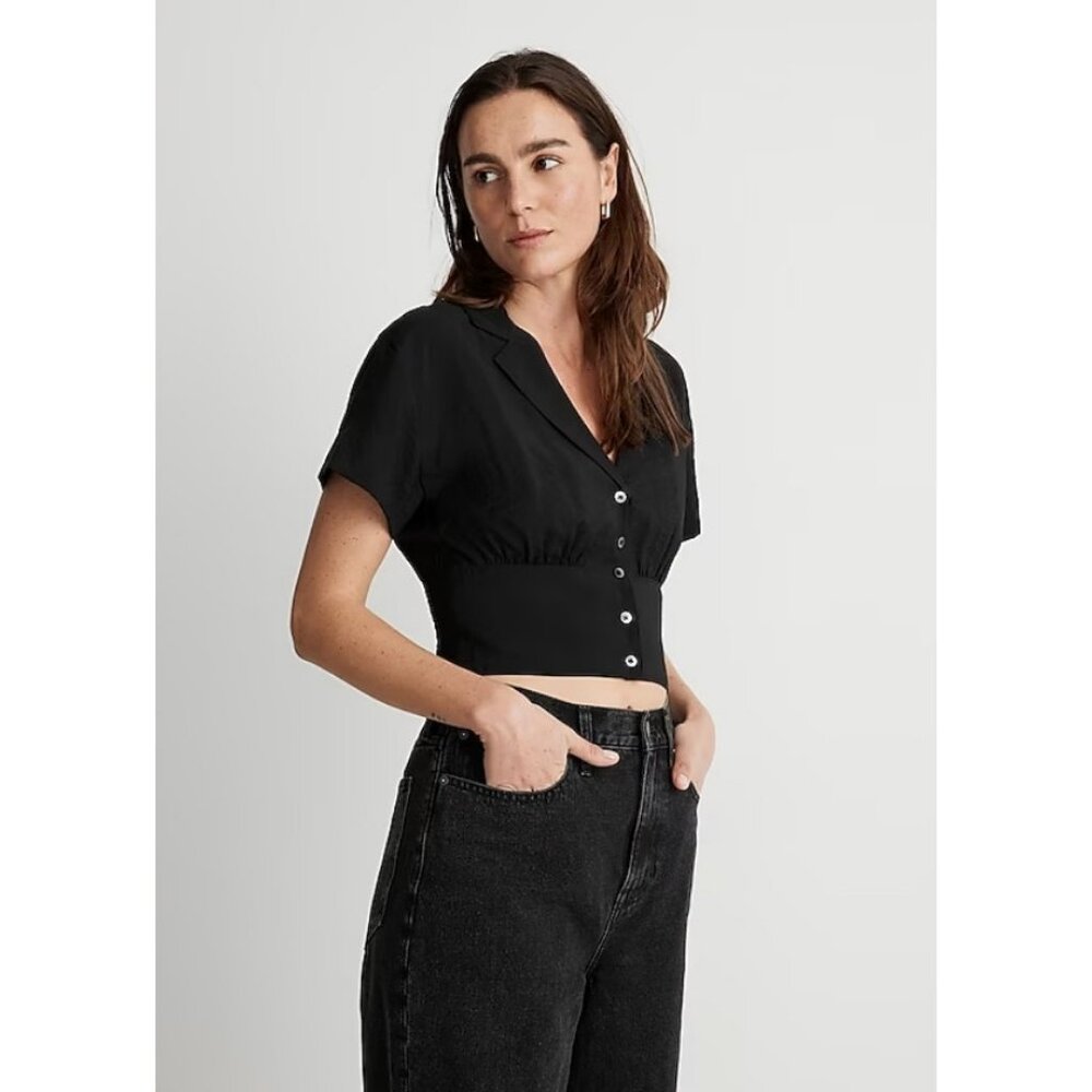Madewell $92 Drapey Banded Bottom Button Down Top Black Size XXS NJ625 - Picture 2 of 6